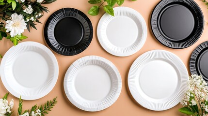 Various paper plates arranged on a beige surface with decorative greenery and flowers highlighting an elegant table setting for a special event