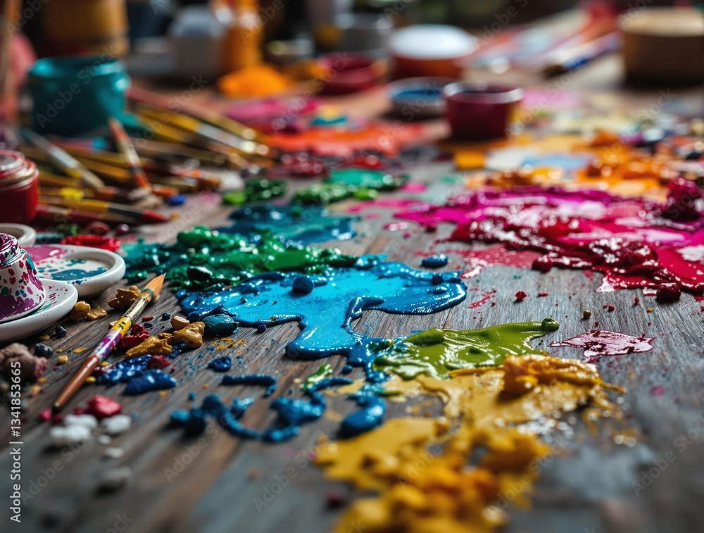 Poster a close-up shot of a wooden table laden with a plethora of vibrant paint splatters and paintbrushes,