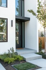 The entrance of a contemporary house showcases a sleek architectural design, complemented by minimal landscaping, all set within a suburban neighborhood during the bright daylight