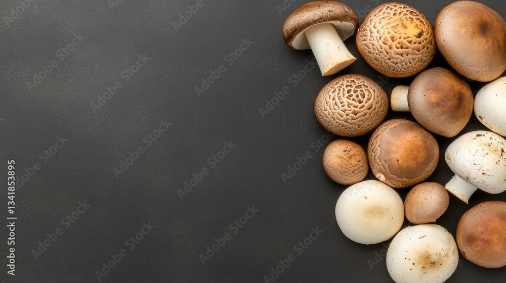 Poster various types of mushrooms arranged on a dark surface ready for cooking or presentation in a culinar