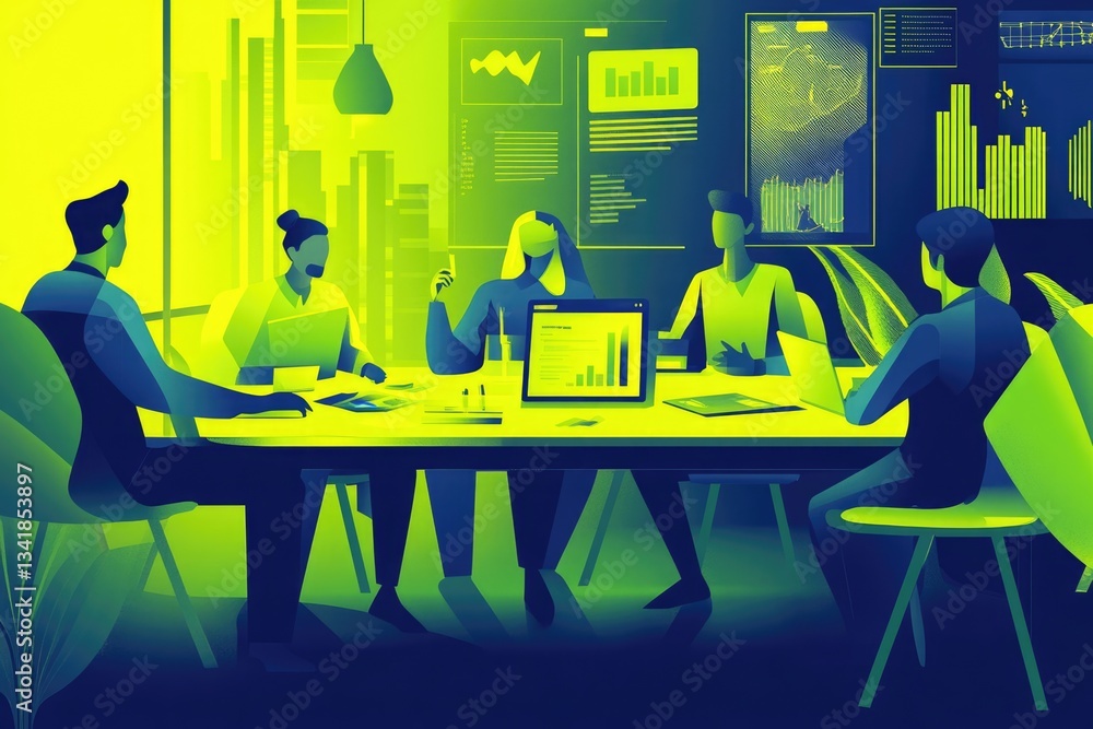 Poster team brainstorming around a table, analyzing data displayed on screens in a modern office.