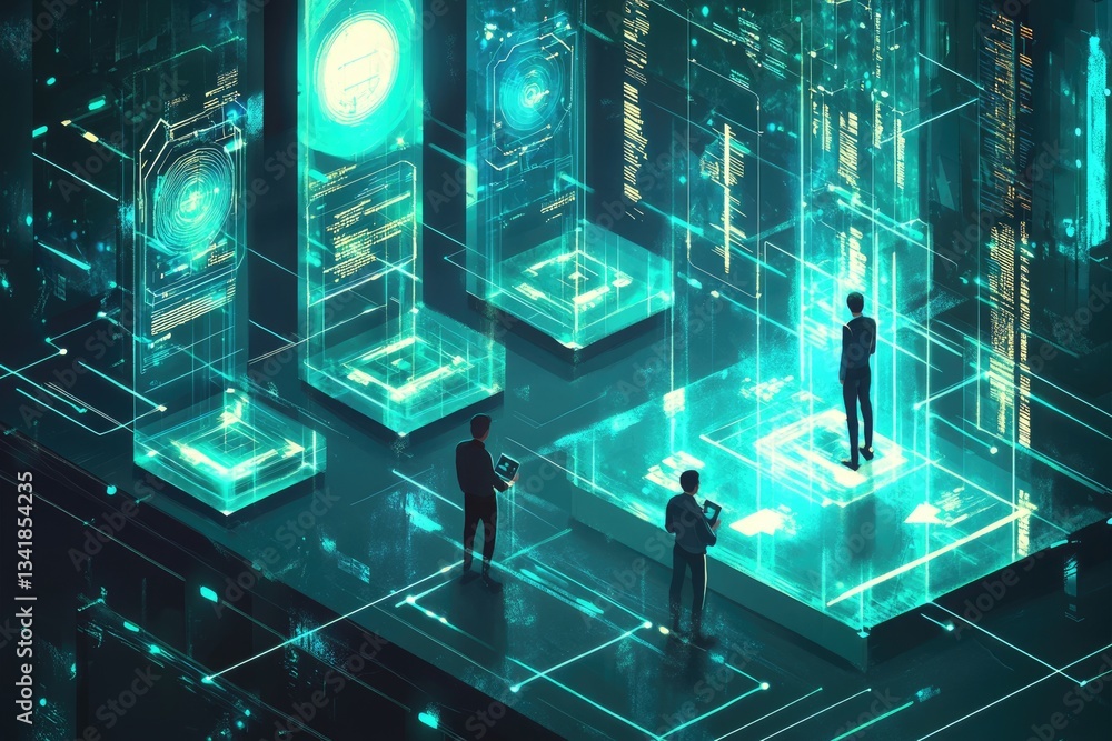 Poster futuristic digital space with individuals interacting with glowing holographic interfaces and data s