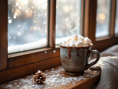 A cozy winter scene featuring a mug filled with marshmallows placed on a wooden surface, with a cloth draped over it. Snowflakes are lightly dusted on the surface, and a pinecone is also present. The 