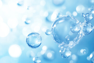 Close-up of transparent water bubbles in soft blue light background