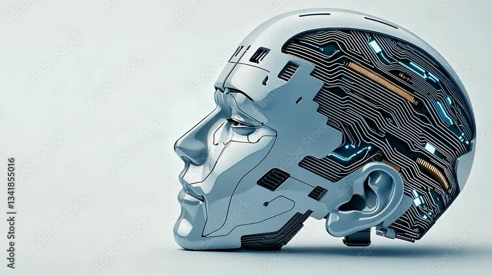 Poster Futuristic robot head with circuit design.