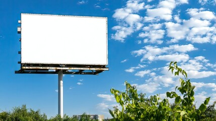 Fototapeta premium Blank billboard stands under a bright blue sky with fluffy clouds in a serene green landscape