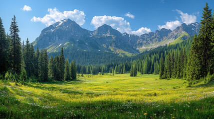 Fototapeta premium Stunning summer alpine landscape with vibrant meadows, wildflowers, and towering mountains under a blue sky