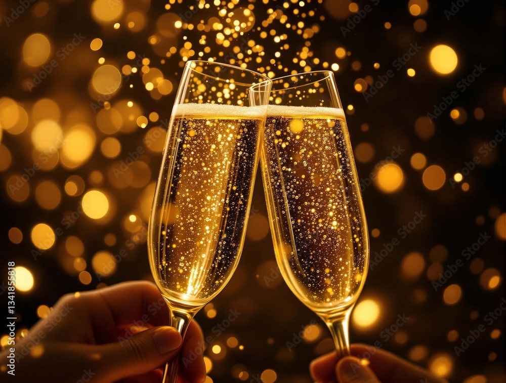 Poster A pair of hands clinking champagne glasses against a bokeh background of golden lights, creating a celebratory atmosphere.