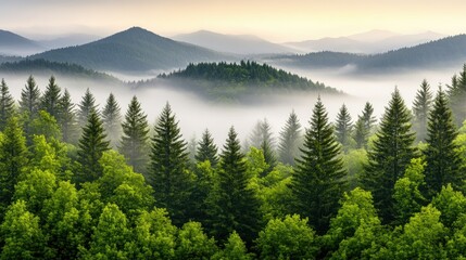Fototapeta premium Vast green forest landscape with misty mountains during early morning light in serene nature setting