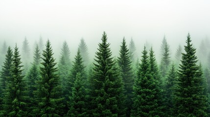 Dense evergreen forest shrouded in mist under a gray sky showcasing nature's tranquility in a remote location
