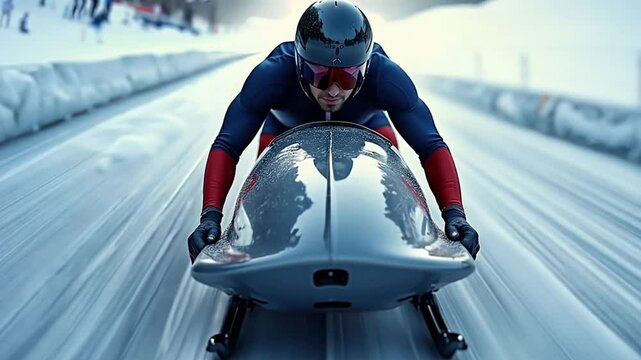 Athlete racing down a bobsled track in a winter landscape. For sports montages, action videos, winter event promotions  