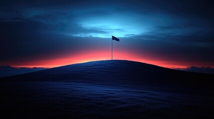 Sunrise over golf course, flag on hilltop