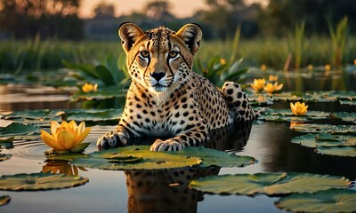 A serene cheetah resting on lily pads in a tranquil water setting. - Powered by Adobe