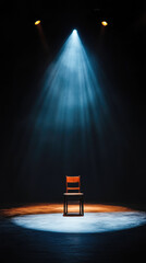 Wooden chair in dramatic spotlight on dark stage with blue and warm lighting
