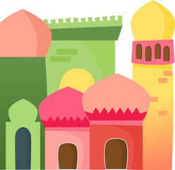 A colorful flat-style vector illustration of Arabic architecture, featuring vibrant domes, towers, and a fortress wall. This digital artwork showcases traditional Islamic and Middle Eastern design.