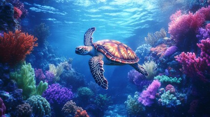 Fototapeta premium A stunning underwater shot of a sea turtle swimming among coral reefs