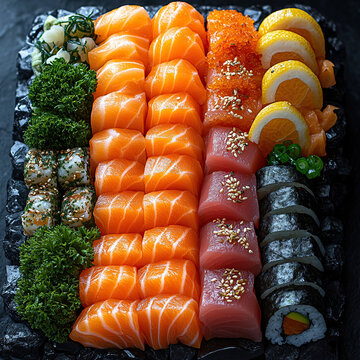 Sushi platter mirrored on obsidian surface, drone shot from top to bottom + 15&deg; elevation