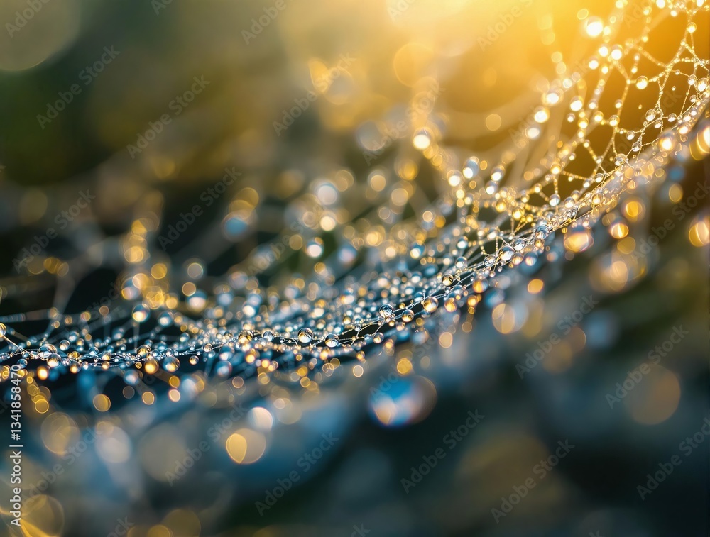 Poster A close-up of a delicate web illuminated by the golden light of the setting or rising sun, with water droplets glistening on its intricate web. The background is blurred, emphasizing the web as the ma