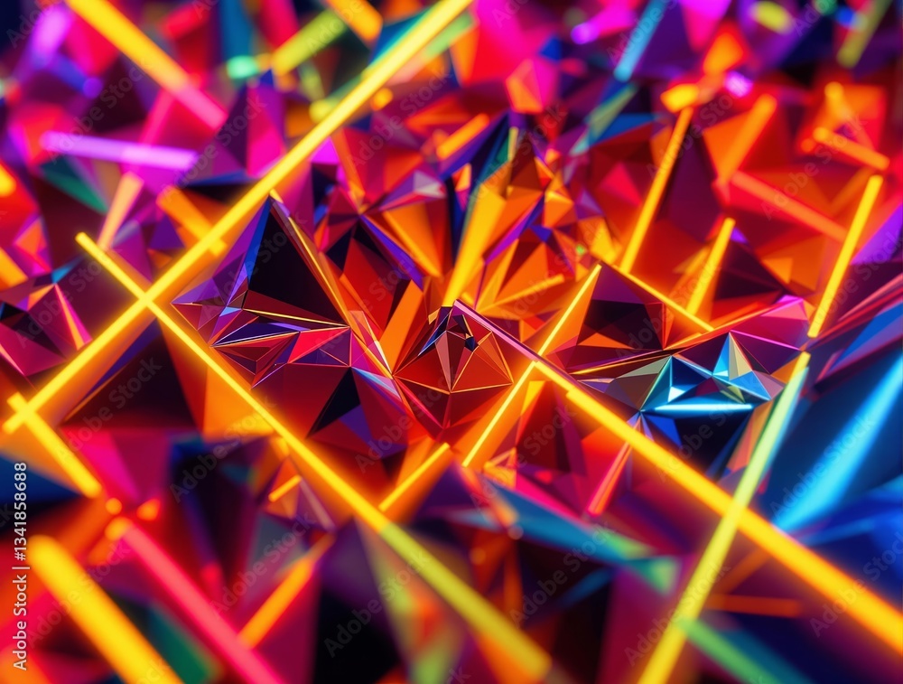 Poster a vibrant, abstract digital artwork featuring a kaleidoscope of neon colors, with a close-up view of