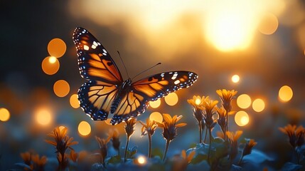 A breathtaking close-up of a butterfly amidst golden wildflowers, ideal for nature-themed designs, wedding invitations, or seasonal greetings emphasizing beauty and serenity.
