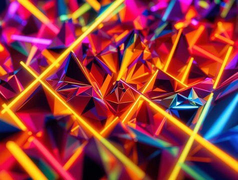 A vibrant, abstract digital artwork featuring a kaleidoscope of neon colors, with a close-up view of a multicolored, geometrically patterned background.