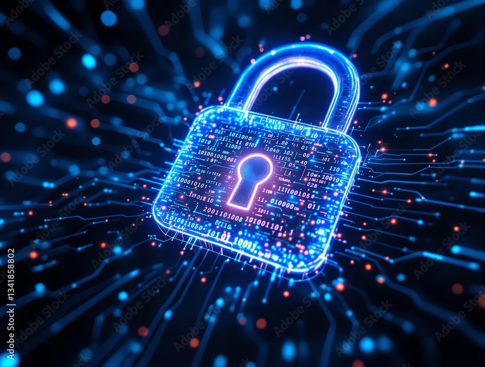 Poster a digital artwork depicting a padlock with a keyhole, set against a digital background. the padlock 