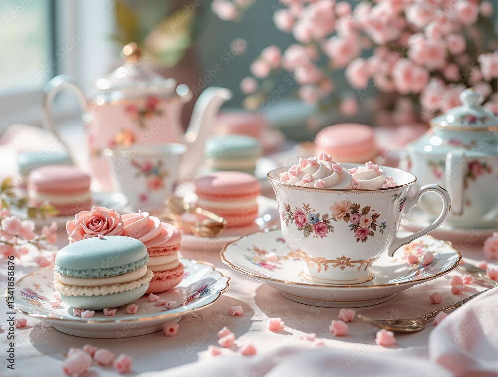 Poster a table adorned with a porcelain teapot, a cup filled with marshmallows, and a plate of macarons, al