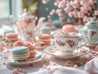 A table adorned with a porcelain teapot, a cup filled with marshmallows, and a plate of macarons, all set against a backdrop of a window and a bouquet of flowers. The colors are soft and