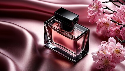 An elegant perfume bottle set against a silky backdrop and delicate cherry blossoms, symbolizing beauty, luxury, and sophistication in personal fragrance choices.