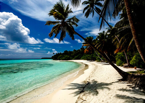 A tropical beach with white sand, turquoise water, and palm trees swaying in the breeze (2)