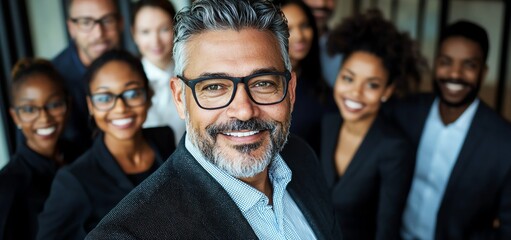 A confident business leader stands in front of a diverse team, showcasing collaboration and professionalism in a modern office environment. Ideal for corporate and teamwork themes.
