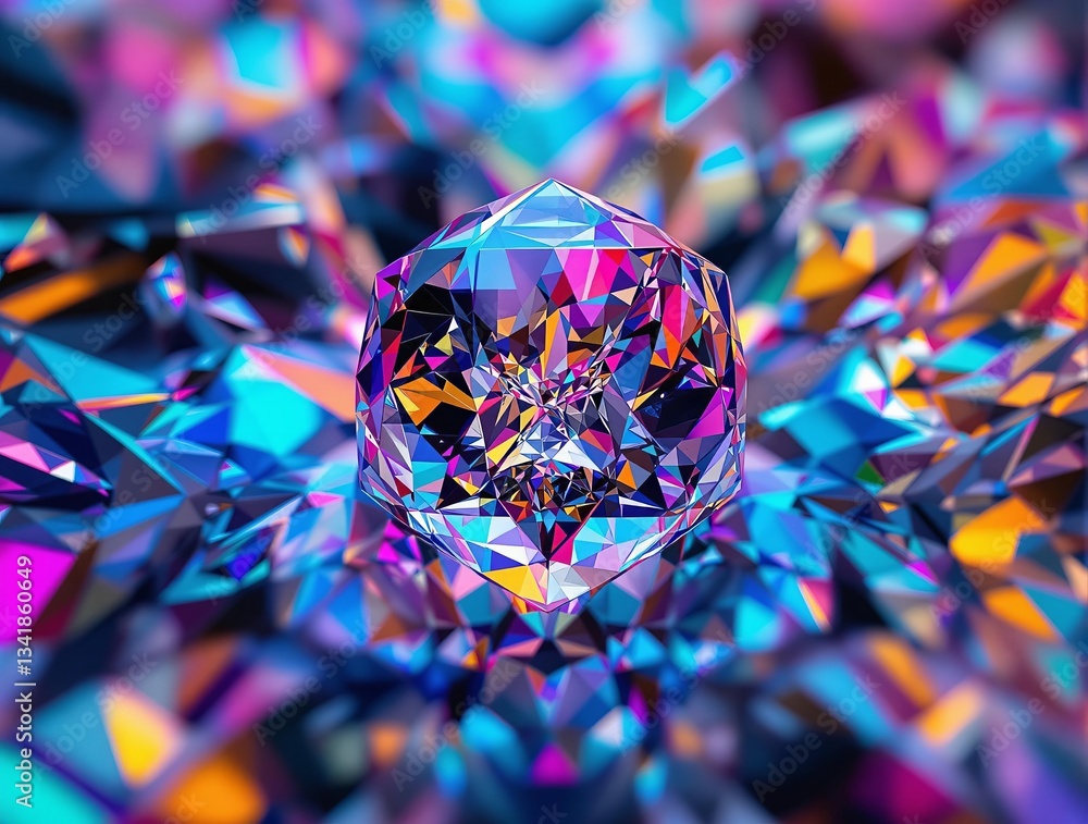 Poster a close-up of a vibrant, multi-colored diamond set against a blurred background. the diamond's facet