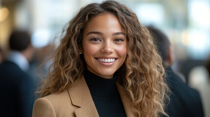Naklejka premium Smiling woman with curly hair in a camel coat.