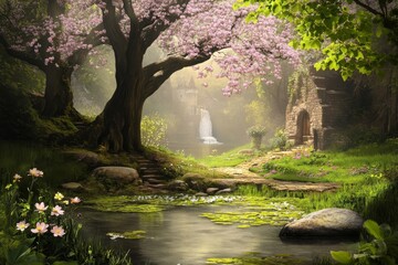 Enchanted Spring Waterfall: A Mystical Forest Pond