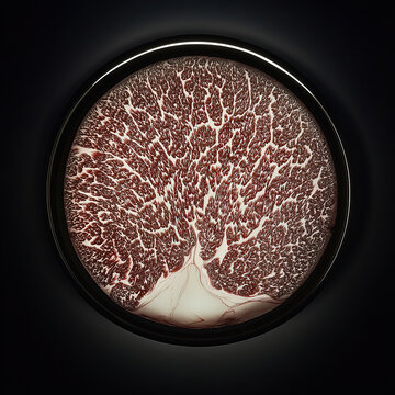 Wagyu cross section under ring light, with marbling enhanced by polarizing filter