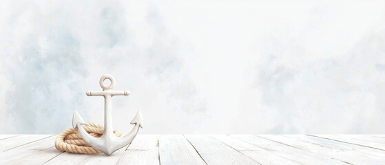 marine anchor with rope wrapped around it, set against soft watercolor background, evokes sense of calm and nautical charm