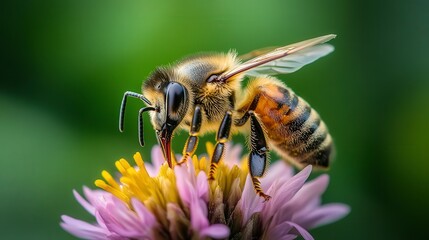 close up of bee on the flower, bee on flower in the nature