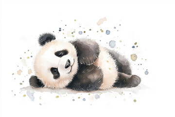 Playful panda rolling on ground, surrounded by colorful splashes. This watercolor illustration captures joyful essence of this adorable animal