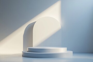 Fototapeta premium A minimal white pedestal with a natural light illuminating the scene