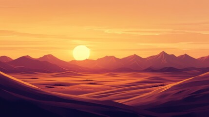 Serene desert landscape at dusk with mountains and setting sun backdrop