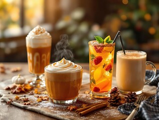 A wooden surface adorned with three glasses of iced beverages, each garnished with a variety of fruits and topped with whipped cream. Accompanying these are cinnamon sticks and other decorative items,
