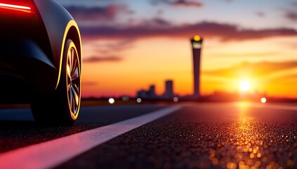 A sunset view featuring a sleek car parked on the road, with an airport control tower in the background, radiating a warm glow of vibrant colors across the sky.