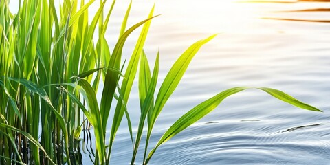 Obraz premium Fresh Green Grass Blades Against Calm Water Surface in Sunlight