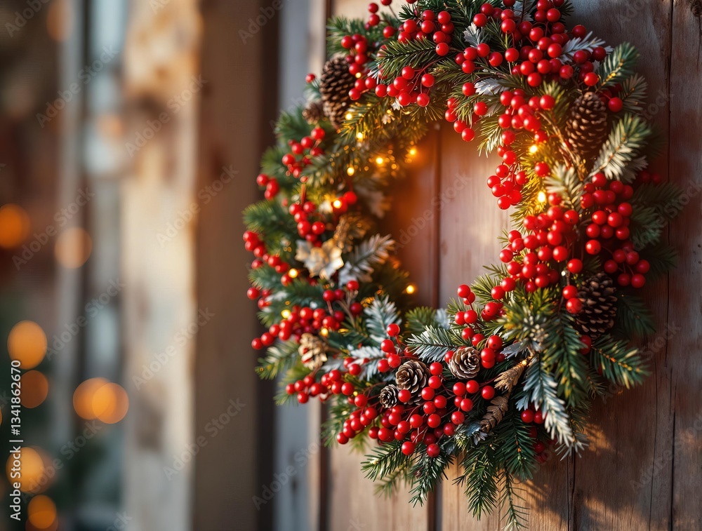 Aufkleber a festive wreath adorned with red berries and pinecones, hung on a rustic wooden door. the wreath is