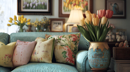 Modern interior of living room with blue sofa and tulips in vase.