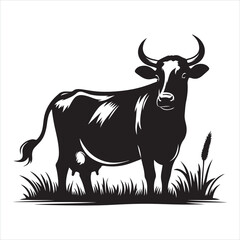 Fototapeta premium Black silhouette of a standing cow, on a clean white background