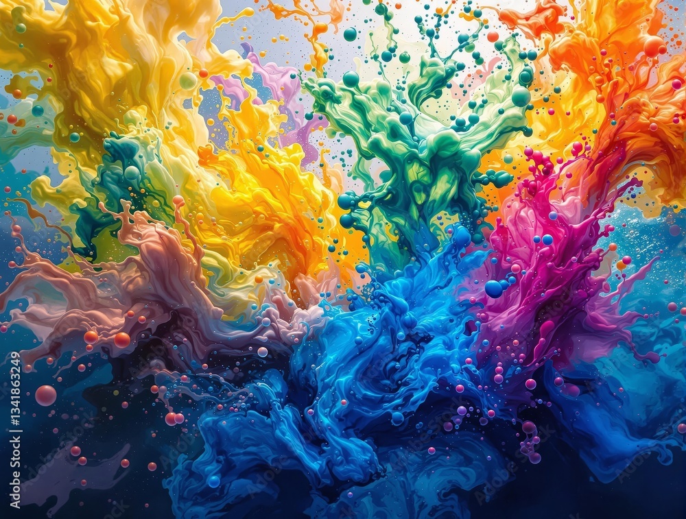 Poster A vibrant, abstract representation of colorful paint splashes against a dark background. The colors range from bright yellows and blues to deep purples and reds, creating a visually striking contrast.