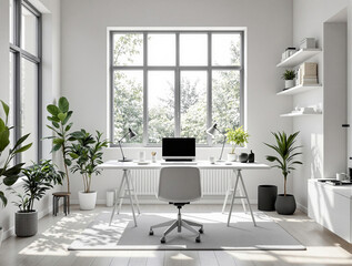 A modern office with a white desk, a computer, and various potted plants. The room is illuminated by natural light streaming in through large windows, and the walls are painted in a light hue. The des