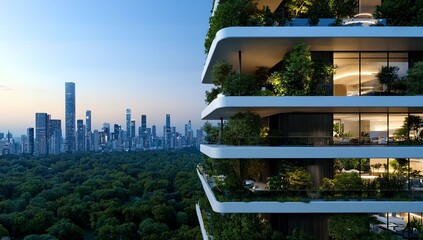 A modern building adorned with lush greenery overlooks a sprawling urban landscape at sunset