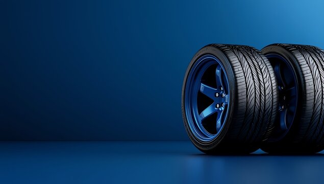 A pair of sleek, blue racing tires positioned against a smooth blue background. The modern design emphasizes speed and performance, ideal for automotive enthusiasts and marketing.